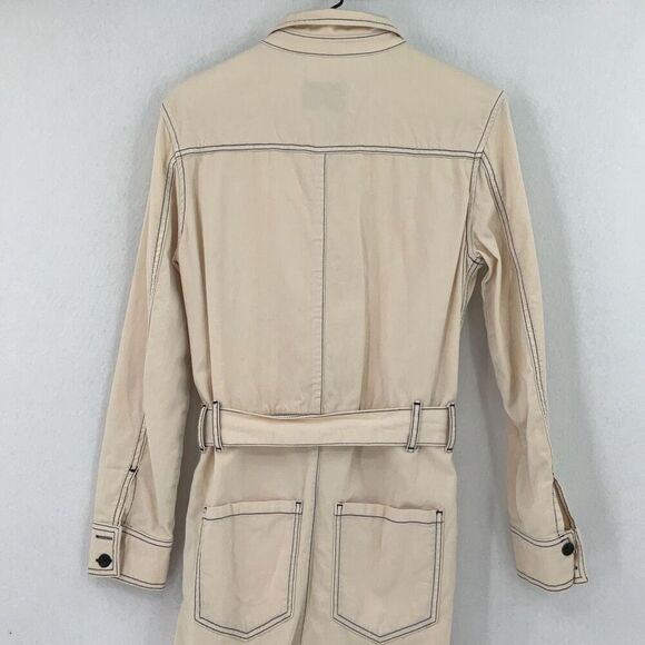 Zara Beige Cotton Linen Blend Boiler Suit Pockets Denim Utility Jumpsuit Small - Picture 9 of 14